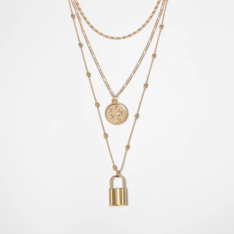 Ожерелье многослойное с подвеской замок женское объемное колье в стиле хип-хоп