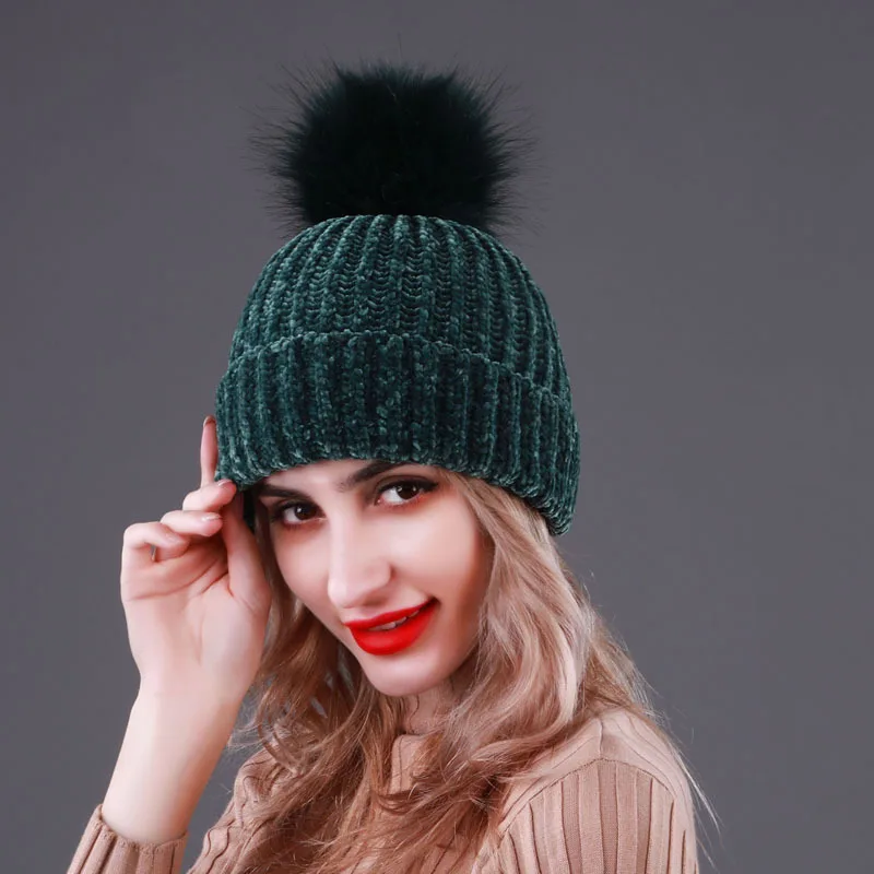 Женская Шапка бини из синели с помпоном зимние теплые шапки вязаная шапка