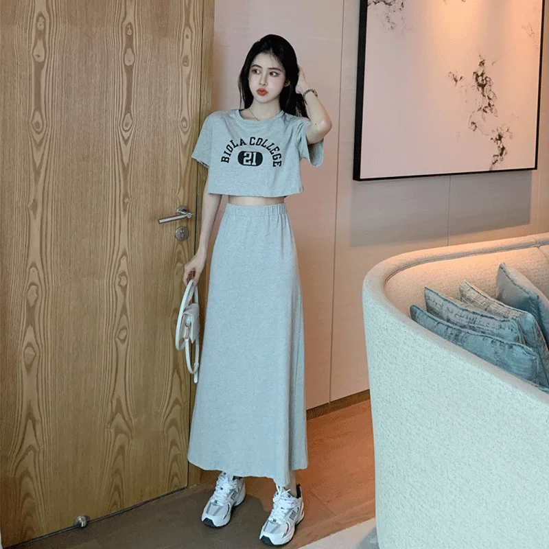 Female Hong Kong Style Short-Sleeved Printed T-shirt And High-Waisted Skirt Can Be Salt And Sweet Sports Two-Piece Suit Fashion