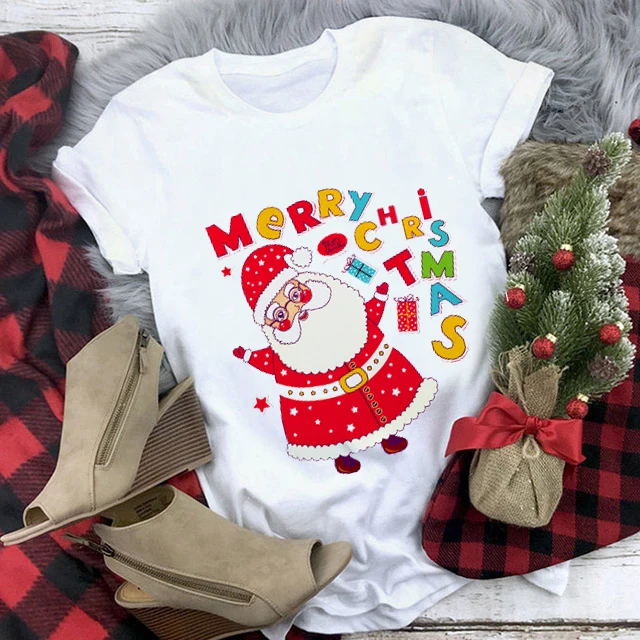 

Женская футболка с надписью «Merry Chirstmas», с изображением Санта-Клауса, модная повседневная футболка с коротким рукавом, женские милые футболк...
