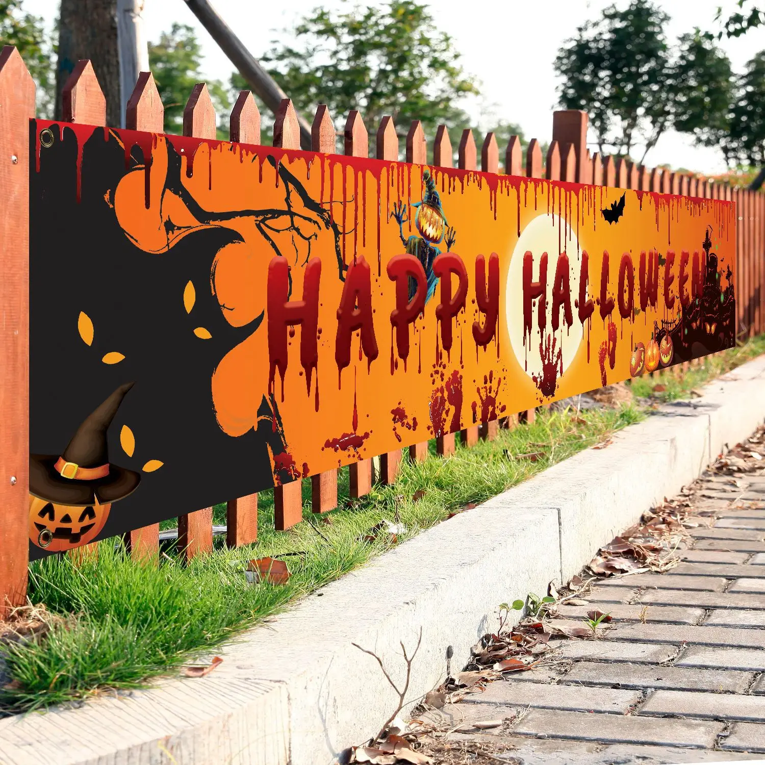 

2021 Halloween party background banner pull flag decoration blood hand bat pumpkin ghost print Halloween decoration
