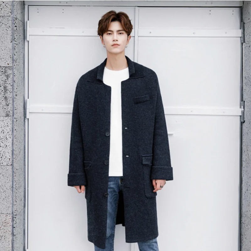 

Мужская Трикотажная ветровка средней длины, кардиган с отворотами, модное хлопковое пальто, Корейская однобортная Свободная куртка, 9Y8464, зи...