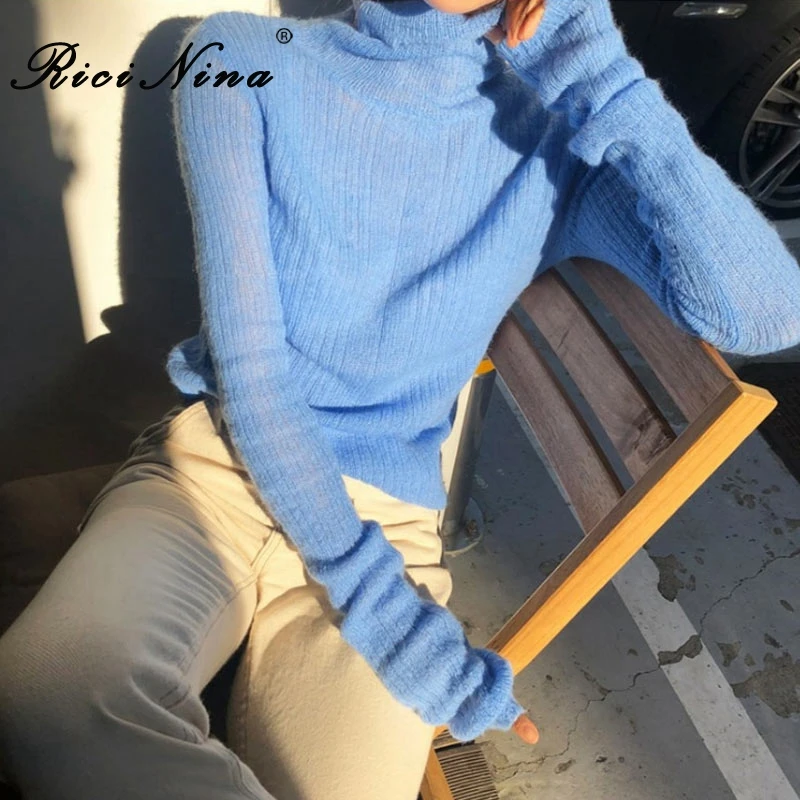 RICININA свитер женский вязанный пуловер водолазка длинный рукав однотонный тонкий