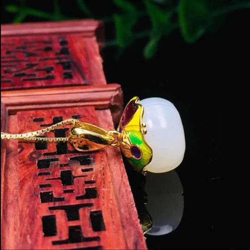 Натуральный Хотан Белый нефрит резной Лотос кулон 925 пробы серебро для женщин