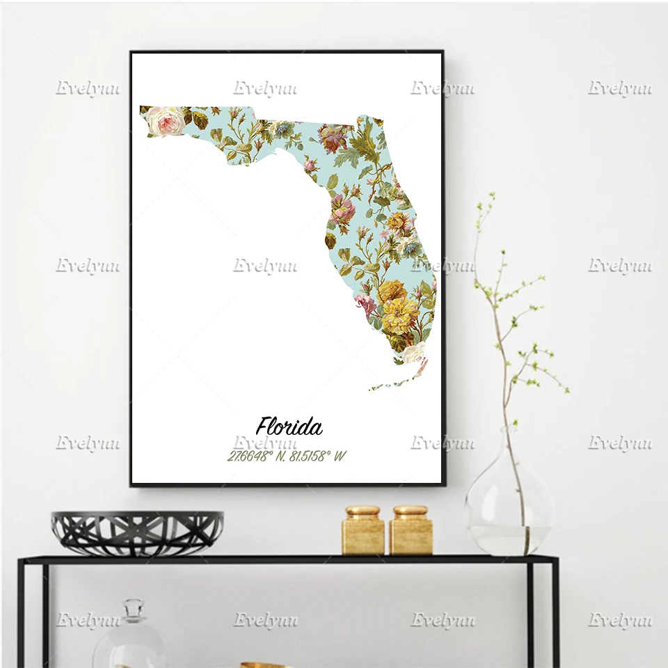 

Постер с картой штата Флориды, Карта США, украшение для гостиной, настенные художественные принты, домашний декор, холст, уникальный подарок, плавающая рамка