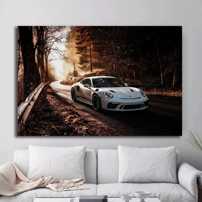

Wall Art Canvas Prints Modern Super Cars 911 GT3 RS HD Home Decor Paintings Living Room White Car Forest Pictures