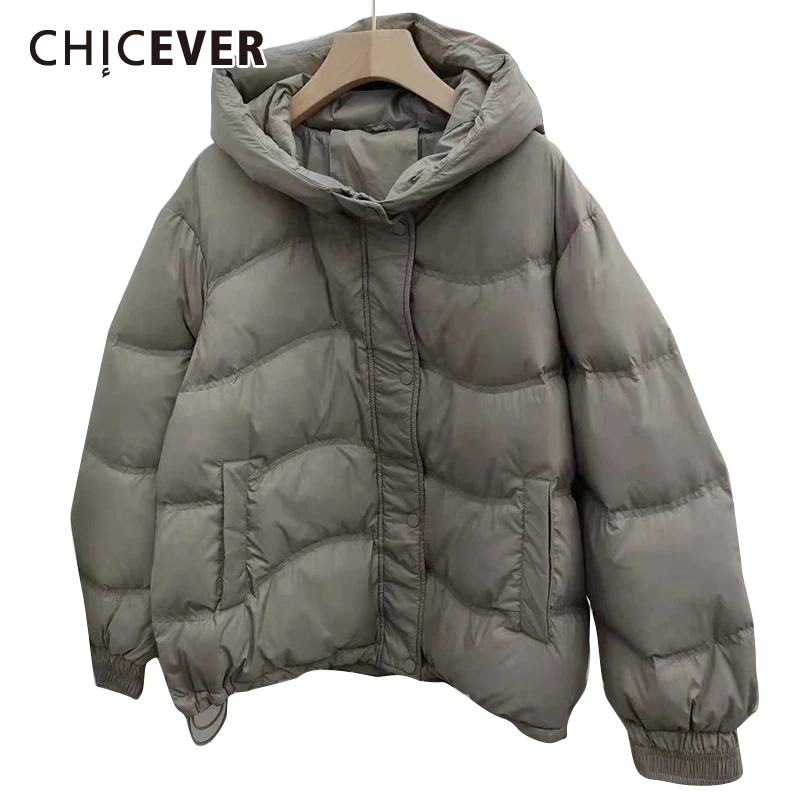 

CHICEVER Casual Black Cotton Coat For Women Hooded Collar Long Sleeve Solid Minimalist Winter Coats Female Korean Fashion Autumn