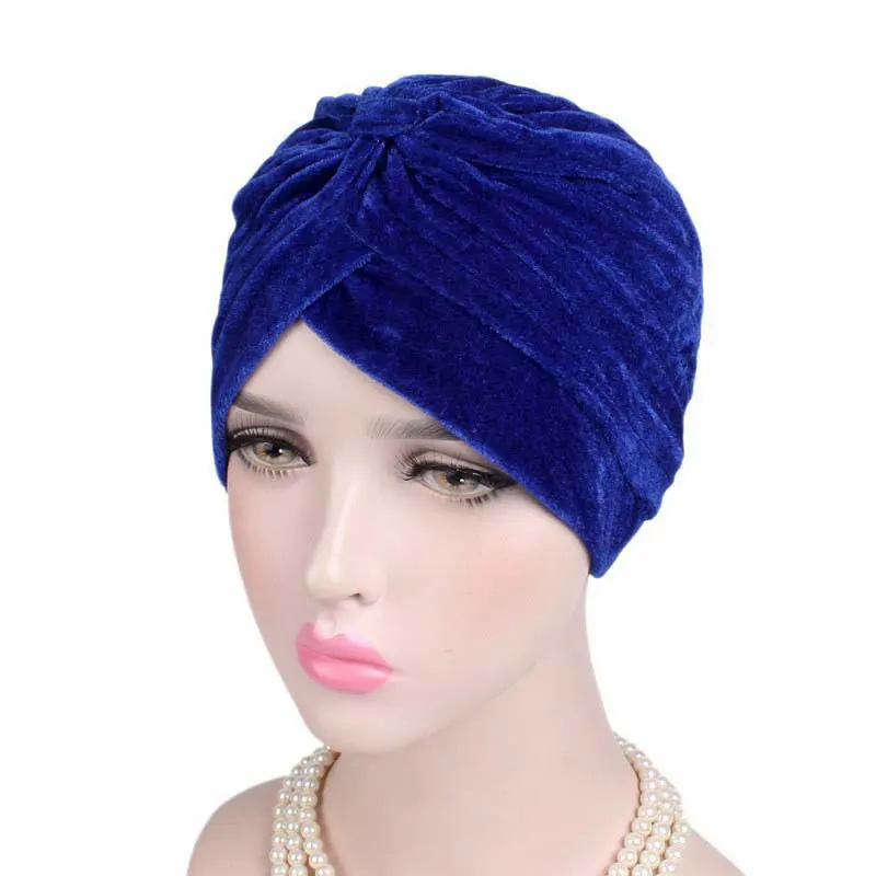 

Fashion Casual Stretch Gold Velvet Headwrap Turban Hat Women Muslim Chemo Cap 2020 Hot Sales Vintage Female Beanies Bonnet femme