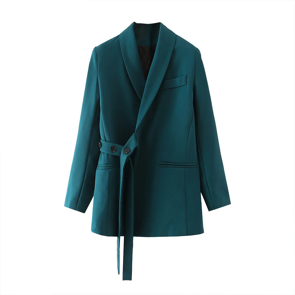 

Женский блейзер с длинным рукавом и карманами, модная зеленая Асимметричная куртка в стиле ретро, для ранней осени, 2021