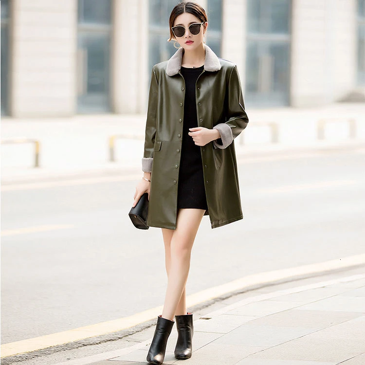 2021 New atutumn Women's Leather Jacket Warm Big Fur Collar Long Leather Coat Balck Outerwear Slim Fit Overcoat Plus Size S-5XL