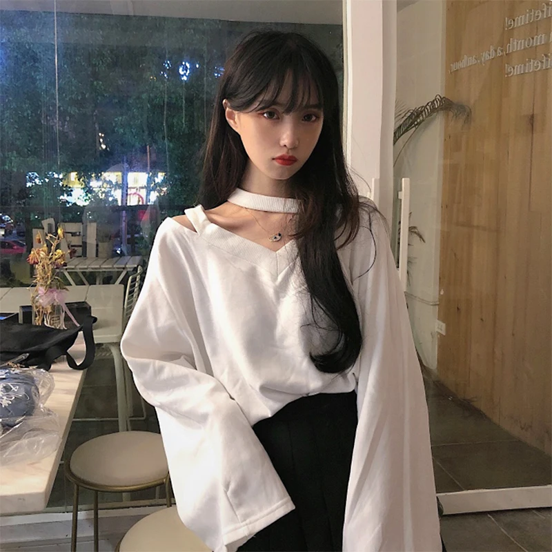 Женская футболка с длинным рукавом V-образным вырезом свободный весенний ажурный