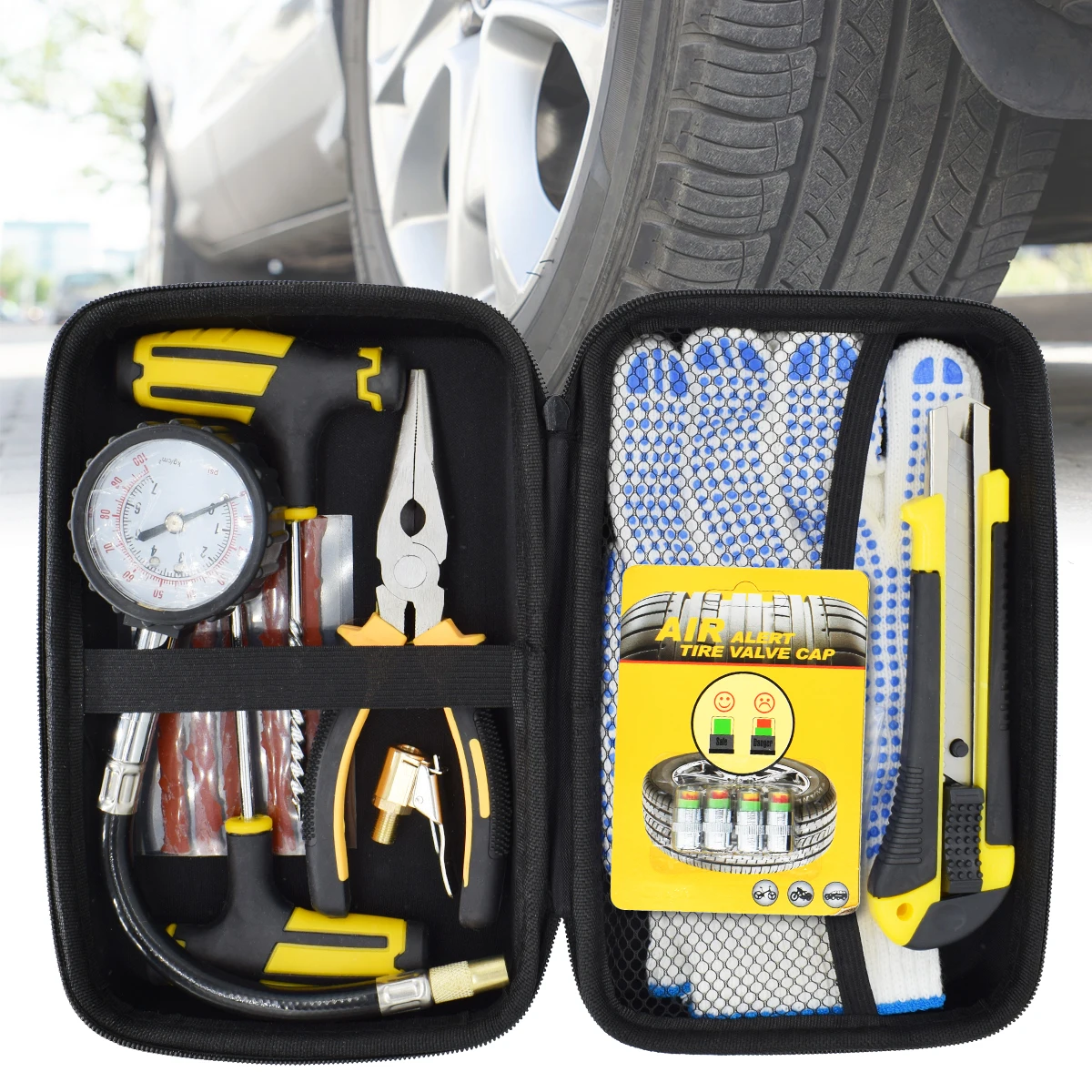 Kit de herramientas de reparación de neumáticos de coche, con estuche de almacenamiento EVA, Alicates de punta de aguja de garaje, sin cámara