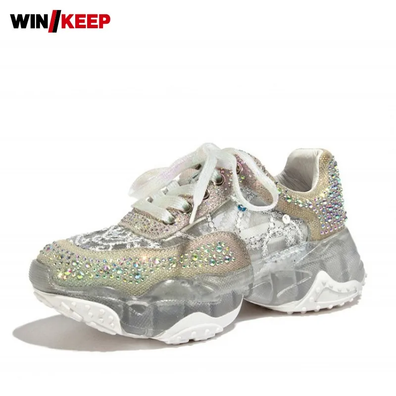 

Rhinestone Clear Heel Platform Shoes Women Spring Summer Outdoor Walking Sport Shoes Street Lace Up Height Increasing Sneakers