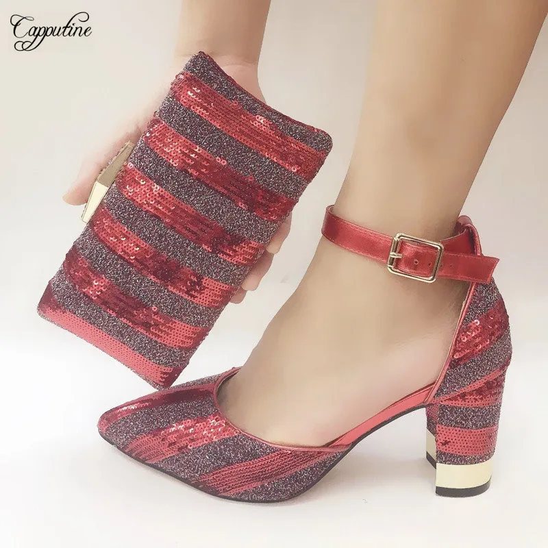 Красивый красный с блестками африканский Высокий каблук Обувь и сумочка в