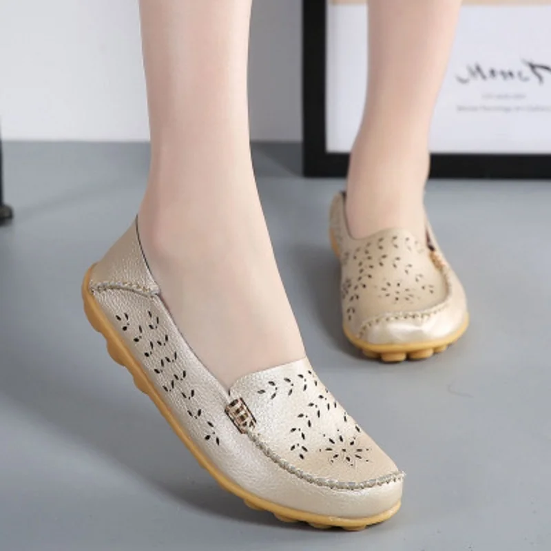 

My-love 2020 hollowed out breathable flat casual loafers women shoes soft bottom leather peas mom pregnant women shoes 35-44