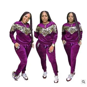 purple Rebicoo бархатные спортивные костюмы с блестками, Женский комплект, осенне-зимняя одежда, толстовка с длинным рукавом+ штаны, спортивный костюм из велюра, 2 предмета, спортивный костюм - Цвет: purple