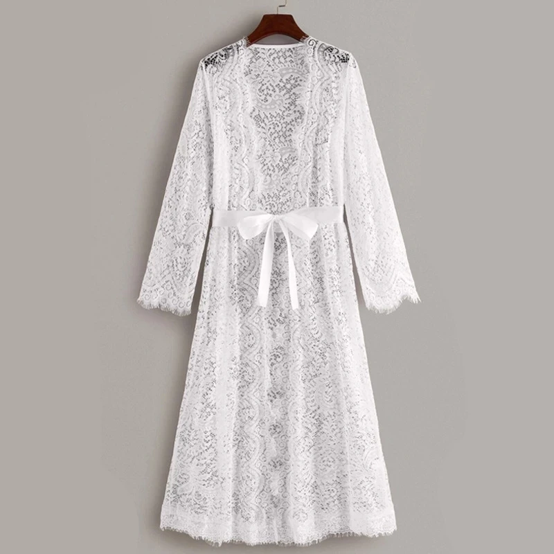 

New white Women's Bathrobe Sleepwear Sets Sheer Mesh Nightgown Floral Lace Robes Lingerie Female Sexy See Through Robes kimono