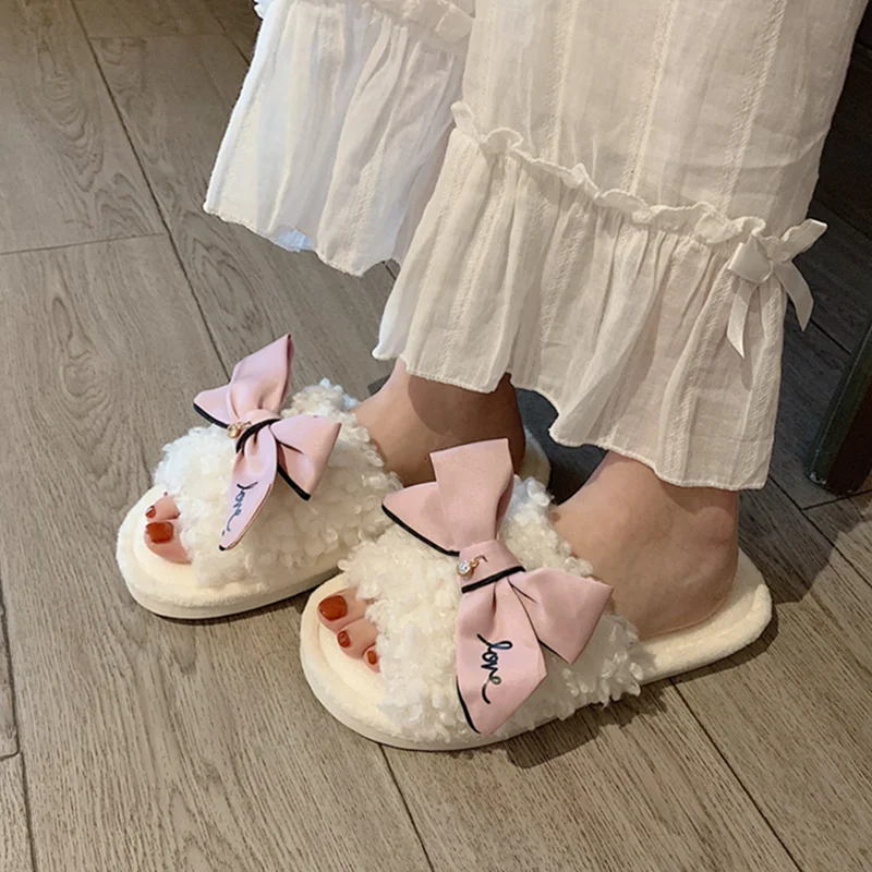 

Ladies Artificial Leather Sandals Bowknot Soft Slippers Fluffy Home Slippers Girls Indoor Shoes Soft Sole New Cotton Slippers