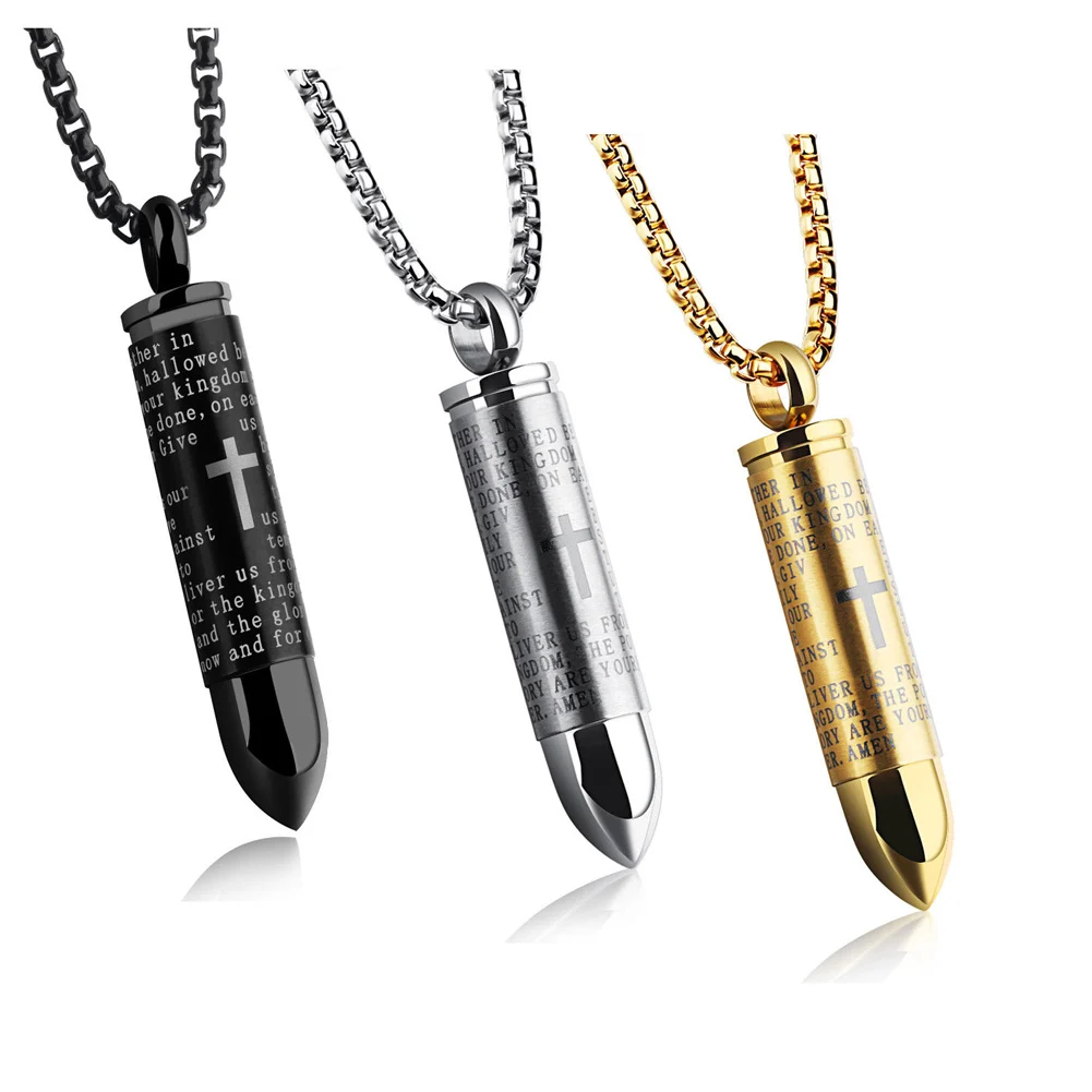 

Trendy 2021 Necklace Men English Lord Prayer Bible Stainless Steel Cross Bullet Pendant Chain Necklace Couple's Gift For Men
