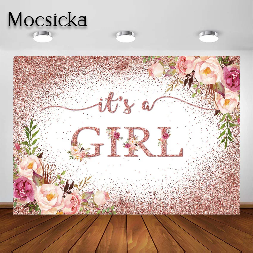 

Mocsicka Rose Gold Baby Shower Backdrop Glitters Confetti Blush Pink Floral It's a Girl Baby Shower Background Decoration Banner