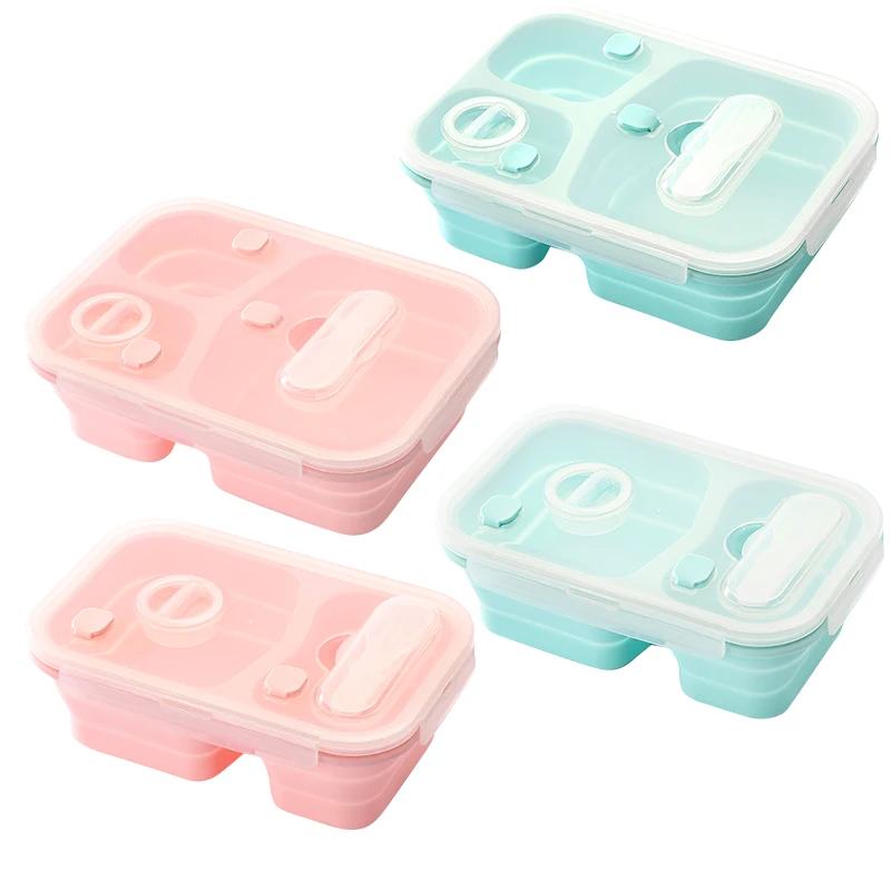 

Silicone Food Grade Three Compartment Collapsible Lunch Box Containers Bento With Spoon Fork Microwavable Dishwasher For Outdoor