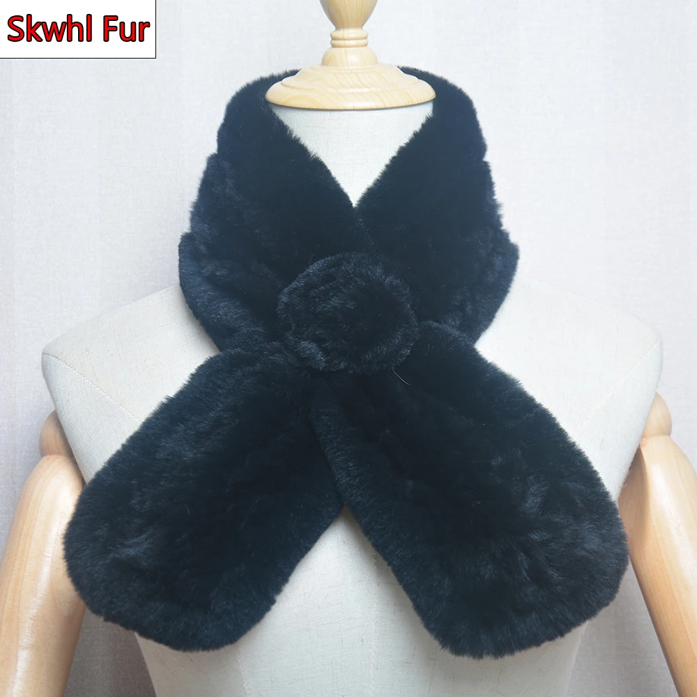 

New Russian Women Knit Real Rex Rabbit Fur Scarf Lady Fashion Floral Rex Rabbit Fur Mufflers Hot Winter Warm Natural Fur Scarves