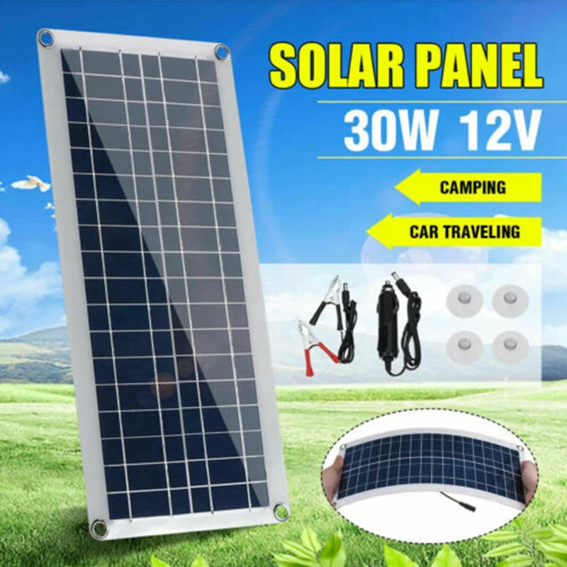 30W 12V Dual USB Flexible Solar Panel Kit Crocodile Clip Outdoor Car Charger Power Battery Charge | Электроника
