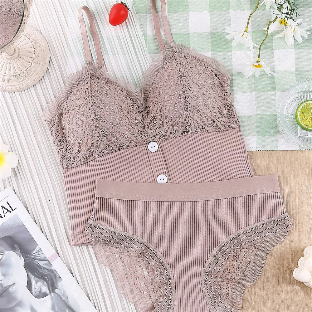 

Women Underwear Set Threaded Sexy Lace Wnderwear Sling Wrapped Chest Tube Top No rims Panties Lingerie Sets