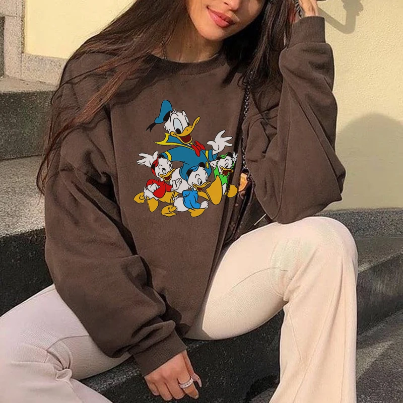 

Disney Woman Hoodies Women Cartoon Donald Kawaii Duck Print Plus Fleece Brown Hooded Crop Top Cotton Sweatshirts Women Clothing