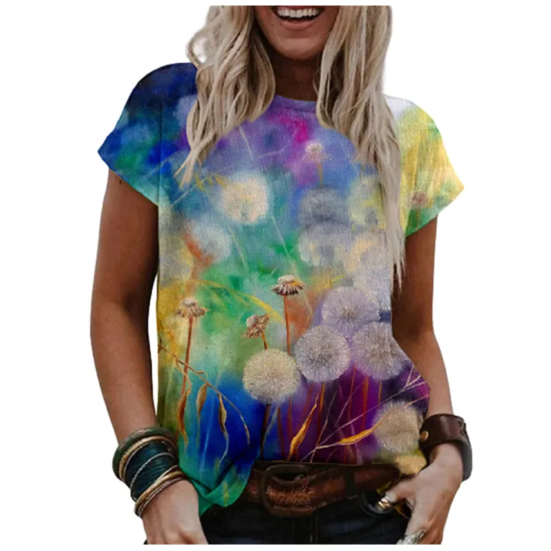 

2021 Hot Sale Ladies Watercolor Gradient T-shirt O-Neck Short Sleeve Top 3D Dandelion Ladies Top Plus Size Top