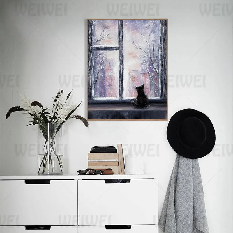 

Home Decoration Painting Sitting On a Branch Looking At The Moon's Black Cats Window Sill Living Room Wall Canvas Poster Print