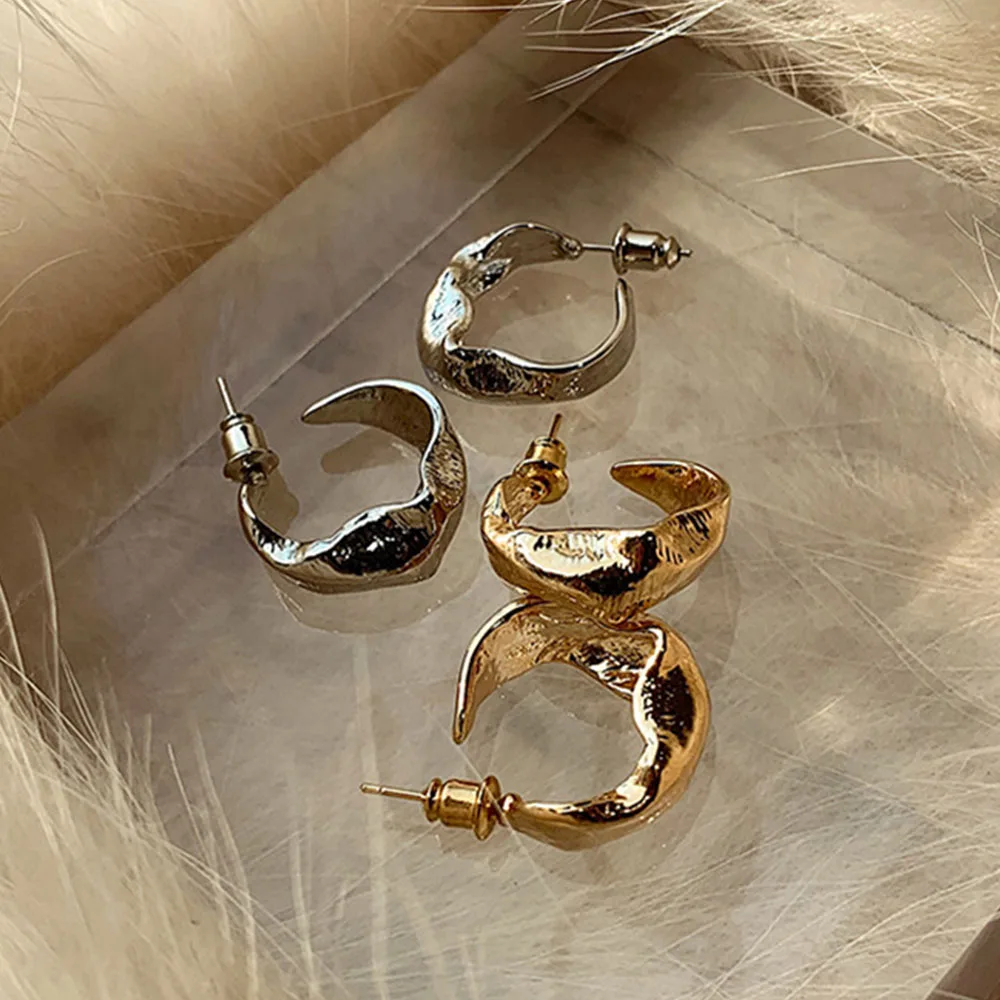 

Gold Plated Korean Fashion Irregular Hoop Earrings for Women Men Teens Minimalism Metal Round Earrings Punk Statement Jewelry