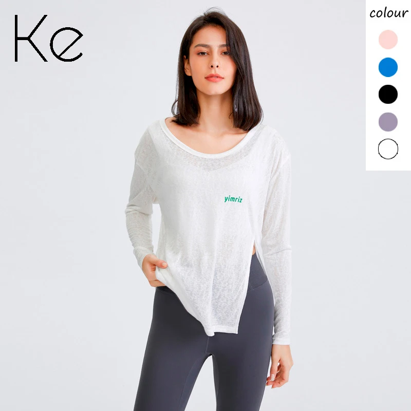 

Спортивный топ KE, Женская быстросохнущая футболка, Свободный пуловер с длинными рукавами, женская одежда