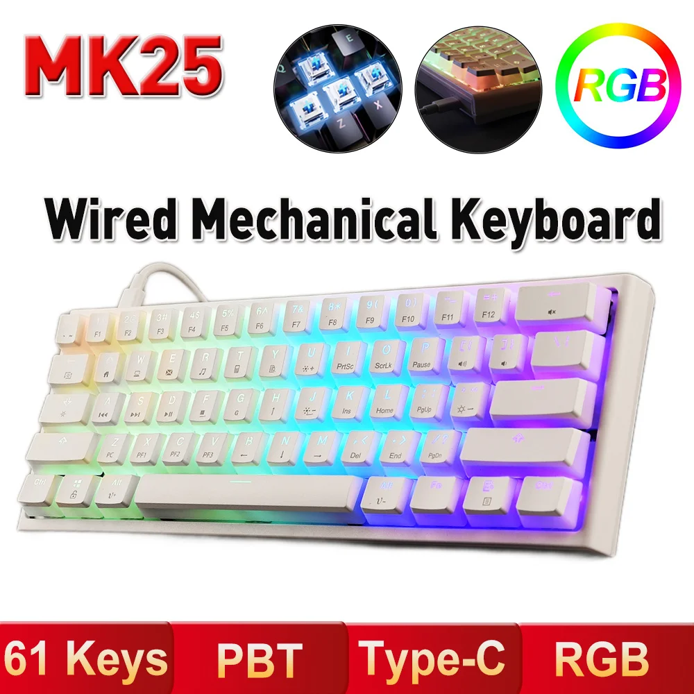 

Mk25 game machine mechanical keyboard, 61 RGB keys, double click pudding, 60% RGB backlight, PC C-type cable mechanical keyboard