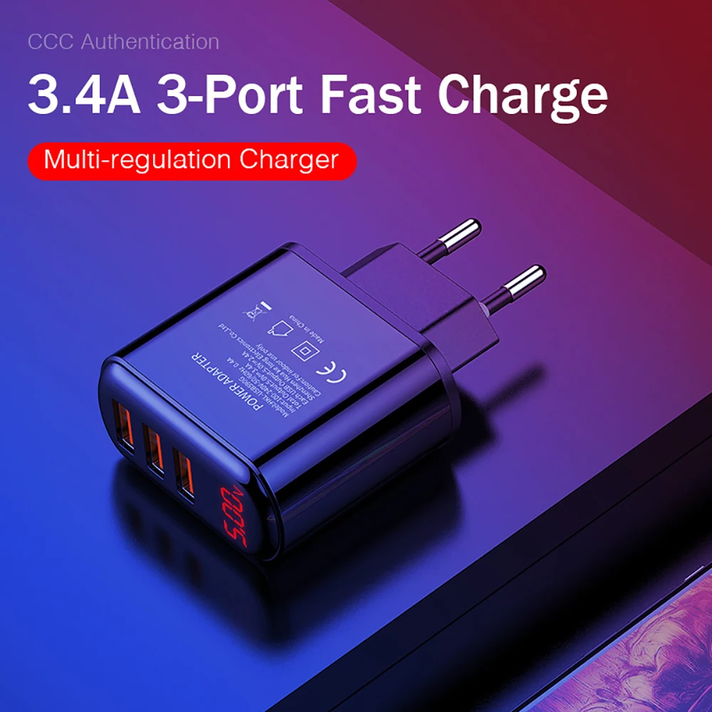 Сетевое зарядное устройство Ottwn с 3 USB портами и европейской вилкой 17