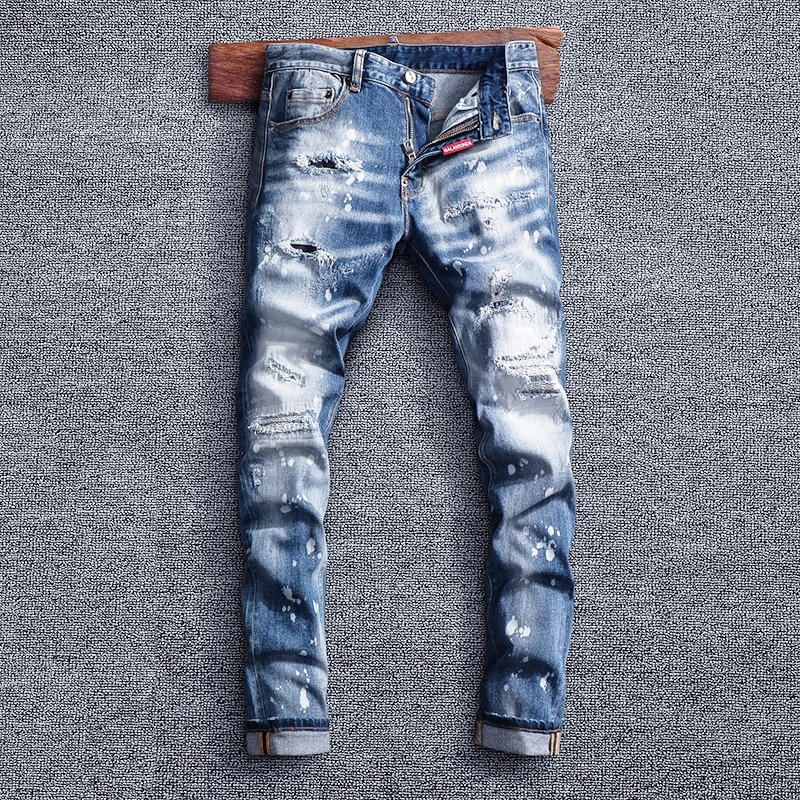 Street Style Fashion Men Jeans Retro Blue Elastic Slim Fit Ripped Jeans Men Splashed Designer Destroyed Hip Hop Denim Pants