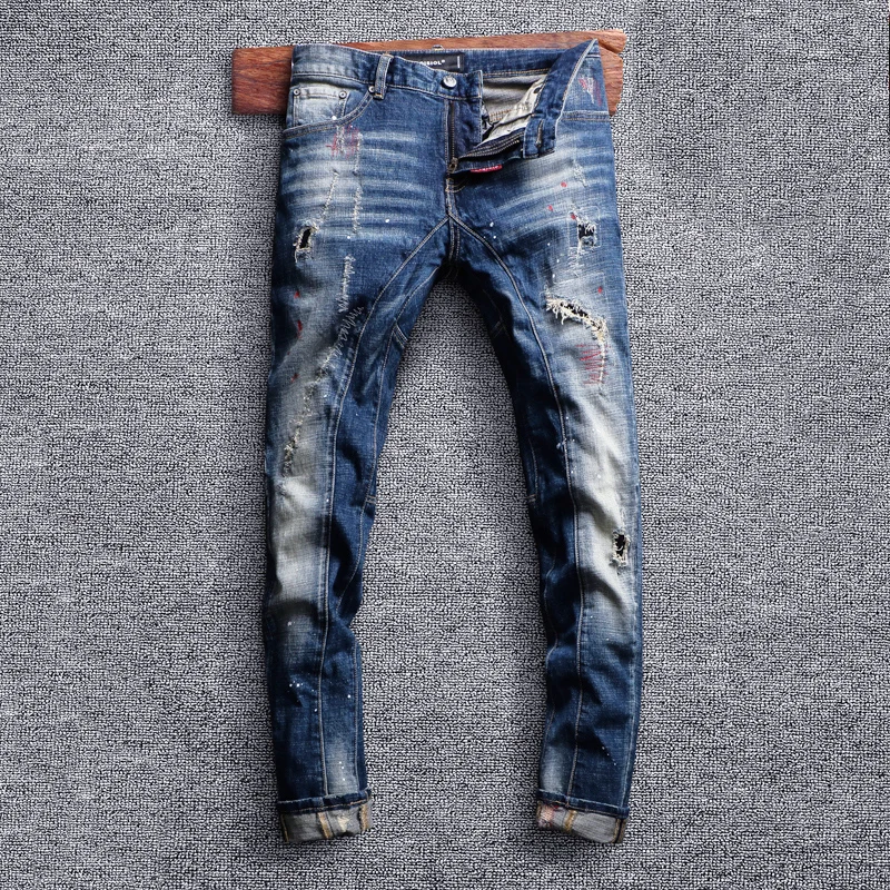 Джинсы мужские в стиле ретро, модные синие эластичные рваные джинсы Slim Fit, уличная одежда с вышивкой, дизайнерские брюки из денима в стиле хи...