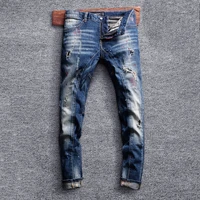 italian style fashion men jeans retro blue elastic slim fit ripped jeans men streetwear embroidery designer hip hop denim pants