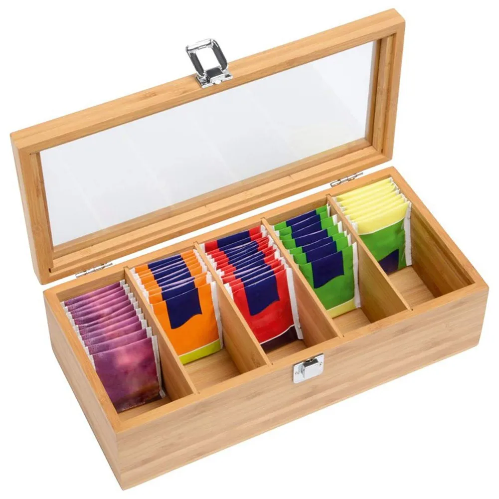 Herbal Tea Box with 5 Compartments Teabags Storage Organizer Wooden Teabox Coffee Tee Bags Stand Holders Container for Infusions | Дом и сад