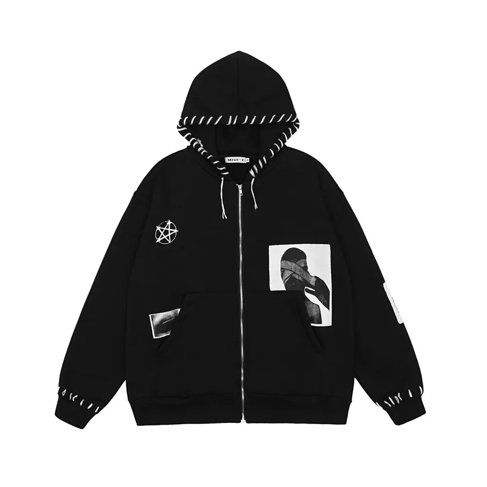 

Figure patch printed hooded jacket men's hand stitched Hoodie trendy loose coat mens fashion clothing trends