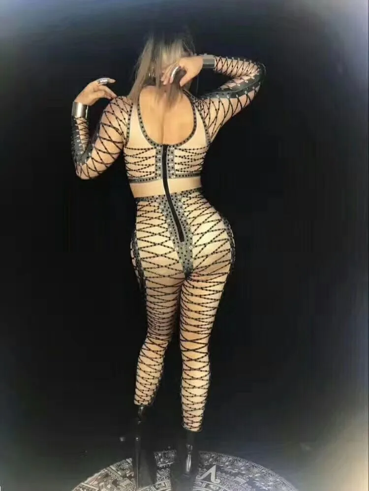 

Sexy Glisten Crystal Rompers Womens Jumpsuit Costume DJ Female Outfit Black Stone Gird Bandage Bodysuit Birthday Celebrate Wear