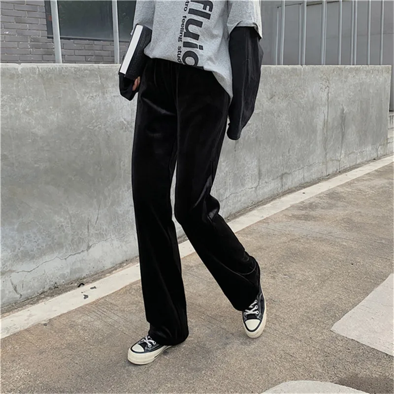 KINOMI зимние утепленные бархатные теплые женские широкие штаны черные с высокой