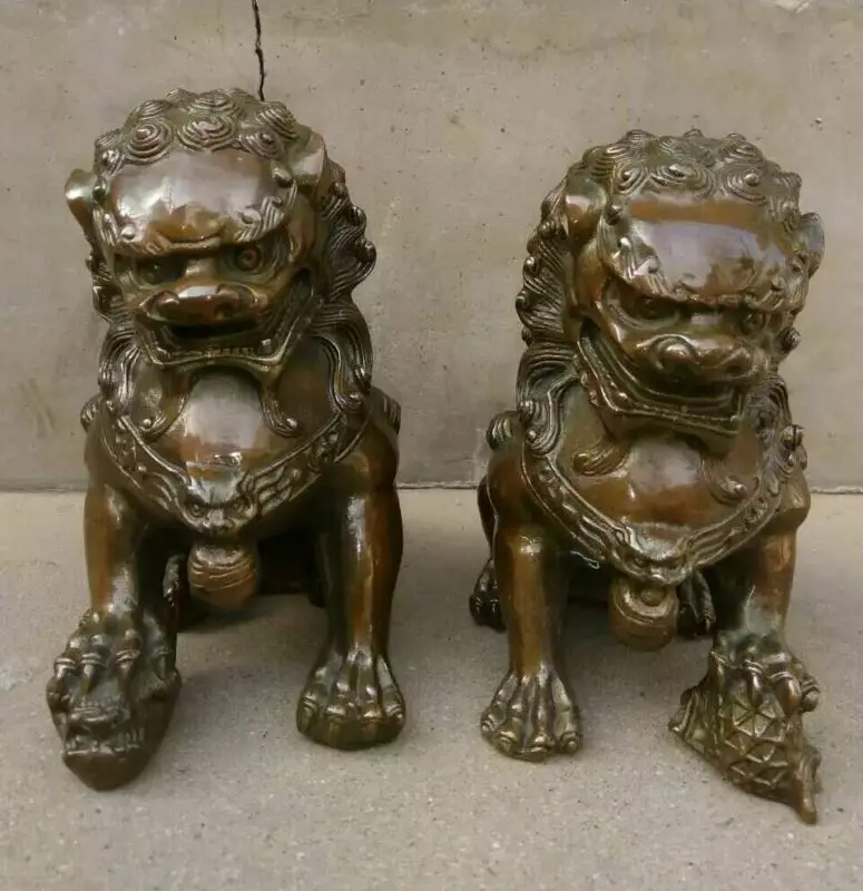 

China bronze Door Fengshui Guardion Foo Fu Dog Lion Statue Pair