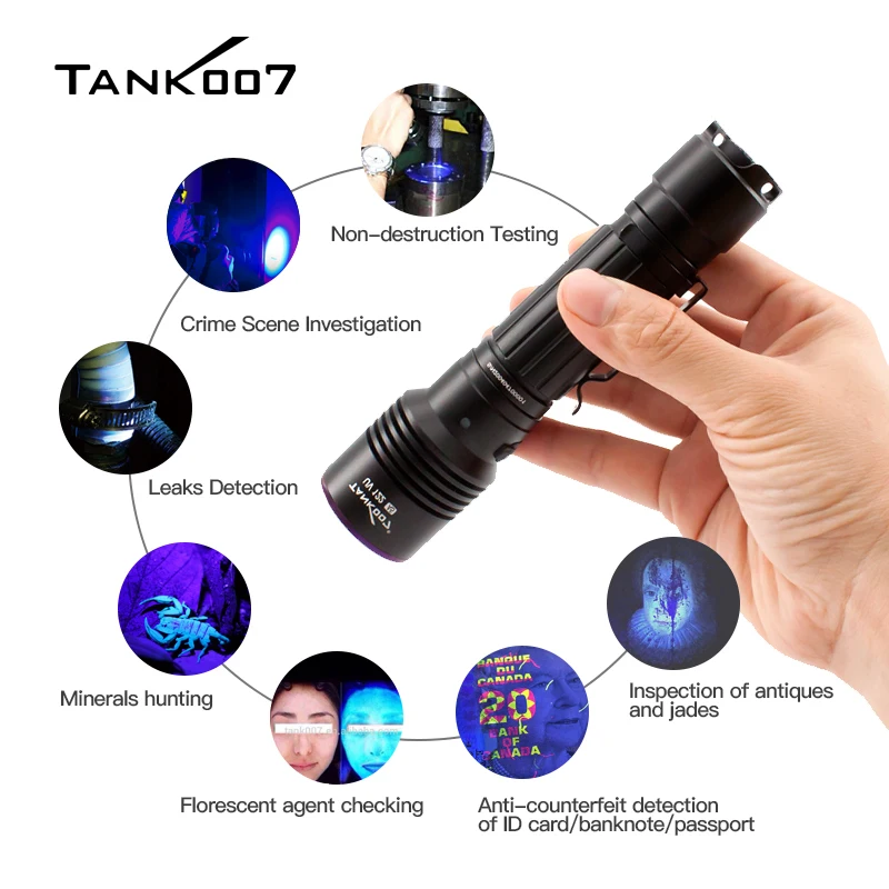 TANK007 UV122 Dual LEDs Flashlight White LED Lighting and Korea Imported High Power NDT 365nm UV Detection Type C USB