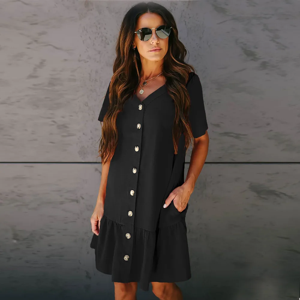 Черное мини платье с короткими рукавами и пуговицами повседневное офисное