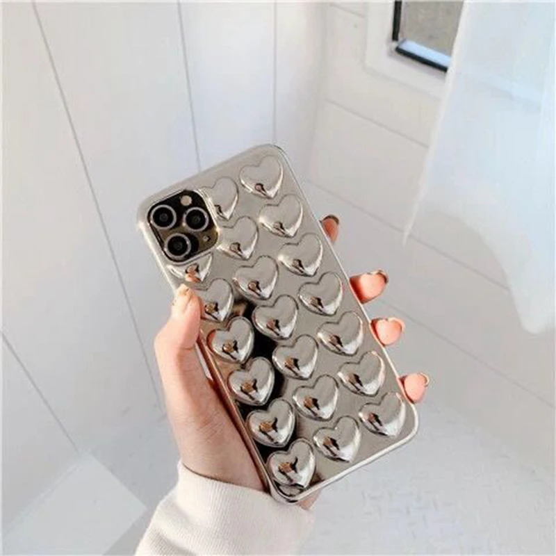 stylish 3D heart plated silver phone case for iphone 14 13 12 pro 11 xs max xr 7 8 plus korea tpu cover case shell body protect