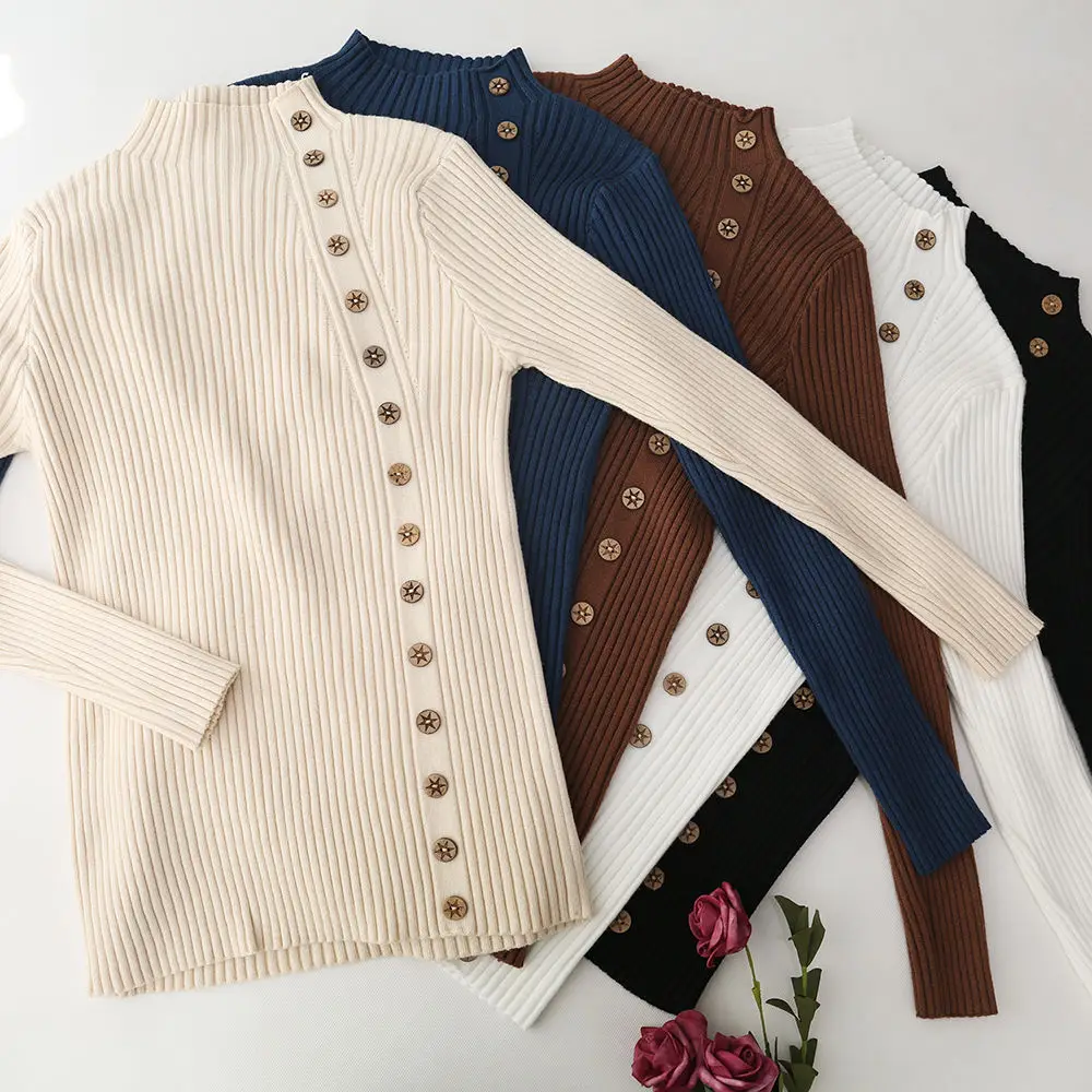 

Long-Sleeved Bottoming Shirt 2021 Spring Turtle Neck Blue Button Half Turtleneck Sweater Slim Knit Women Free Shipping