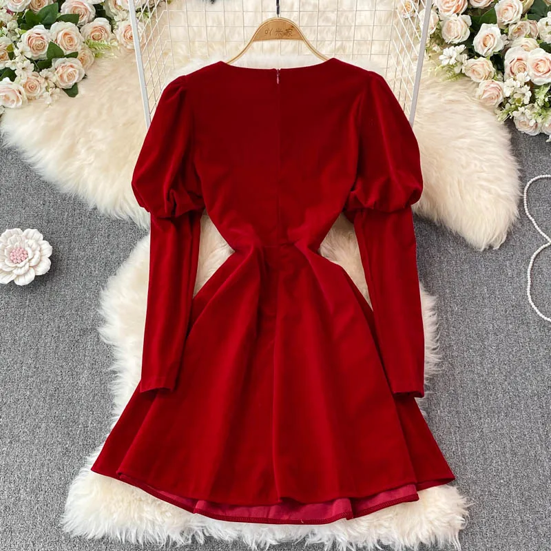 Christmas elegant square-necked gold velvet puff sleeve dress women Winter waist temperament bowknot a-line mini vestido | Женская