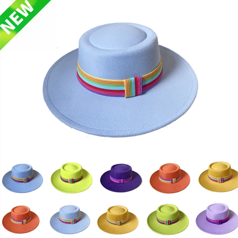 

8.5cm wide brim colorful Belt hat ladies elegant retro style British woolen jazz hat autumn and winter solid color Panama hat