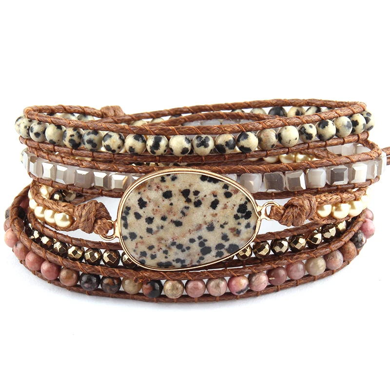 RH Модные женские кожаные браслеты ручной работы далматинские Jasp смешанные